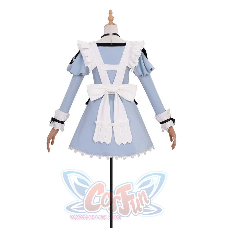 Back view of the costume, featuring a large white bow at the waist of the light blue dress. The ruffled shoulder straps and cuffs add to the charming maid style.