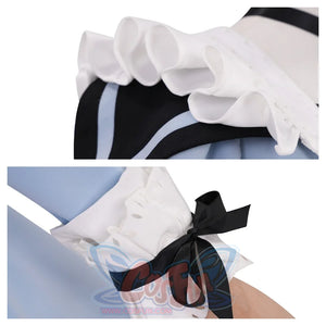 Close - up of white ruffled cuffs. The upper one has a layered ruffle against black and blue fabric, and the lower one is tied with a black bow, showcasing delicate design.