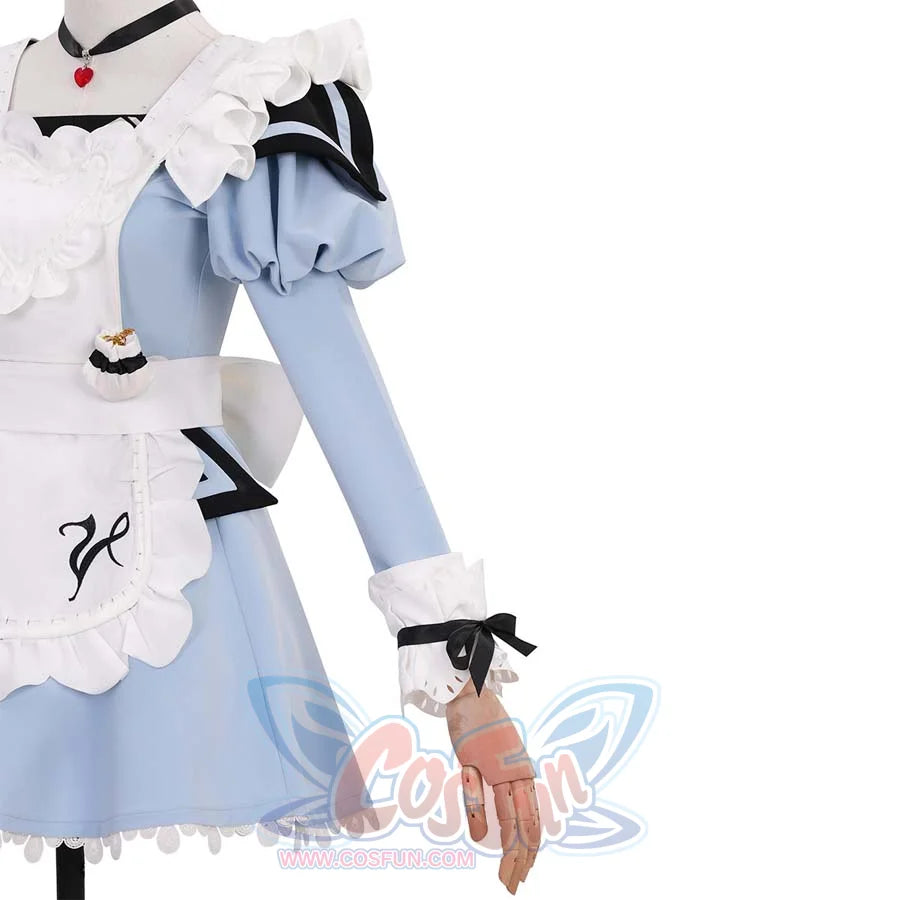 Side view focusing on the arm and waist area. Shows the puffy sleeve, ruffled cuff with black bow, and the small accessory on the apron, highlighting detailed craftsmanship.