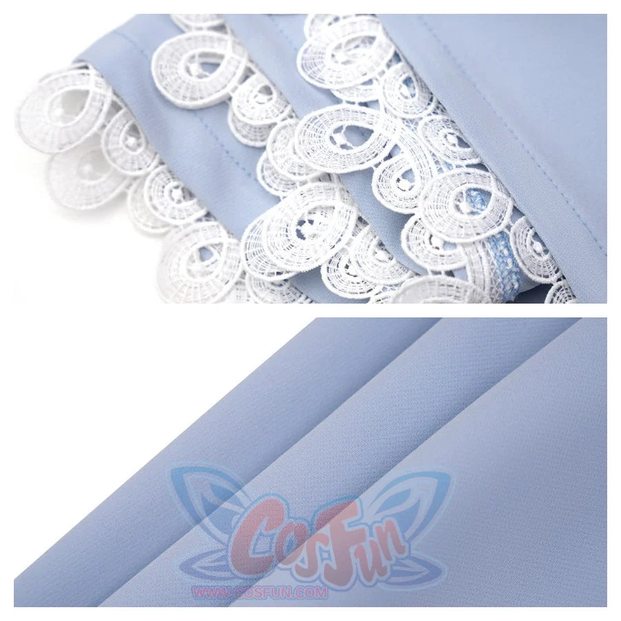 Two views of light blue fabric with white lace trim. The lace features an intricate circular pattern, enhancing the costume&#39;s elegance