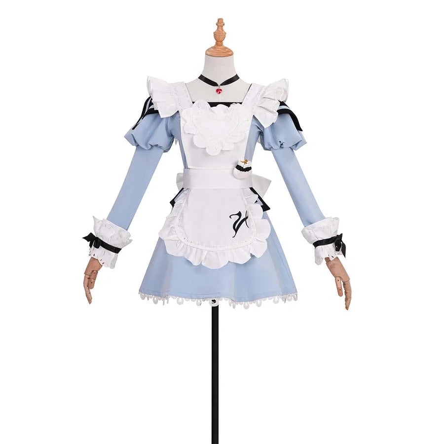 Front view of the Valentione&#39;s Apron Cosplay Costume on a mannequin. It features a light blue dress with white apron, puffy sleeves, and black accents, creating a sweet maid - like look.