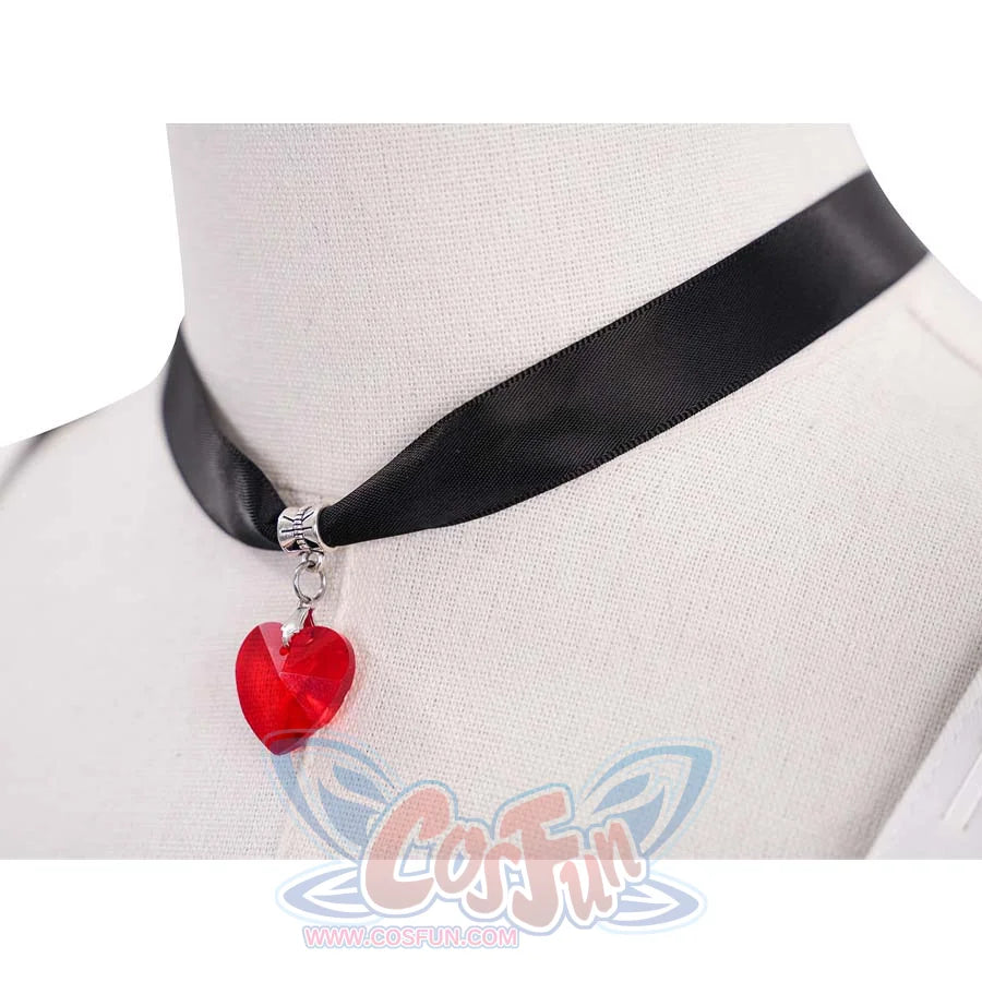 Close - up of a black choker with a red heart - shaped pendant, an adorable accessory that complements the cosplay costume.