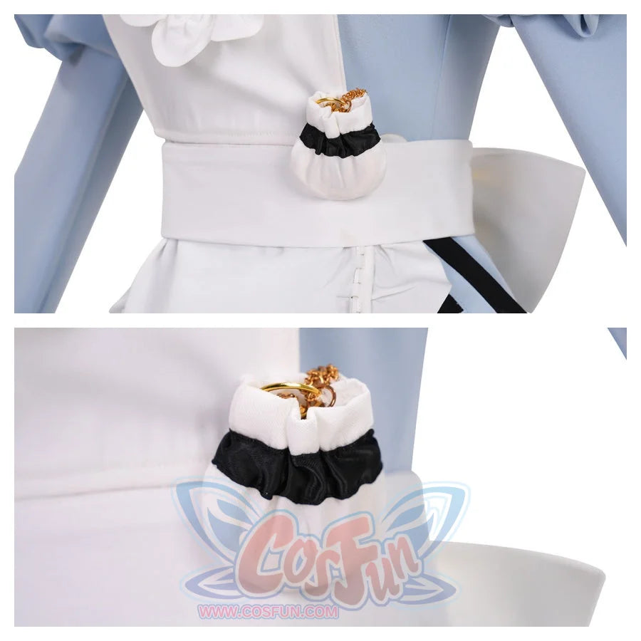 Close - up of a small white pouch with a black ruffle on the apron. It contains golden items, adding a cute and detailed accessory to the costume.