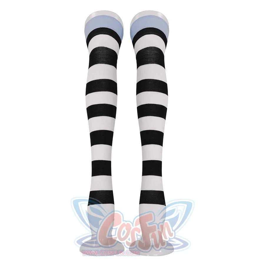 A pair of black and white striped thigh - high socks, displayed on white forms. They add a playful and stylish touch to the cosplay look.