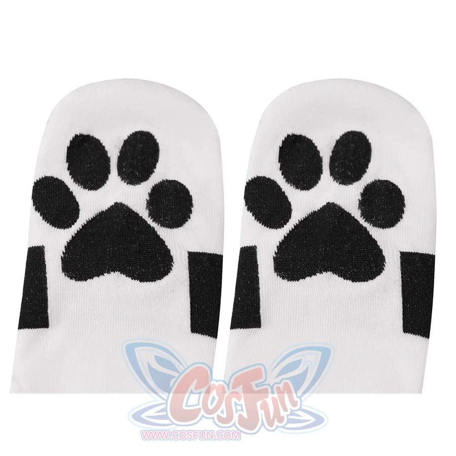 A pair of white socks with black paw prints. They are cute and fun, perfect for complementing the cosplay costume&#39;s overall aesthetic.