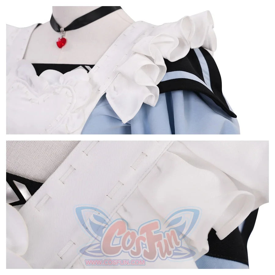 Two views of the shoulder and strap area. Shows the white ruffled shoulder straps and their connection to the dress, emphasizing the costume&#39;s structural details.