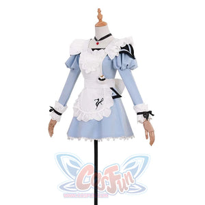 Side view, highlighting the white apron with black patterns, the heart - shaped necklace, and the small accessory on the waist, emphasizing the costume's cute elements.