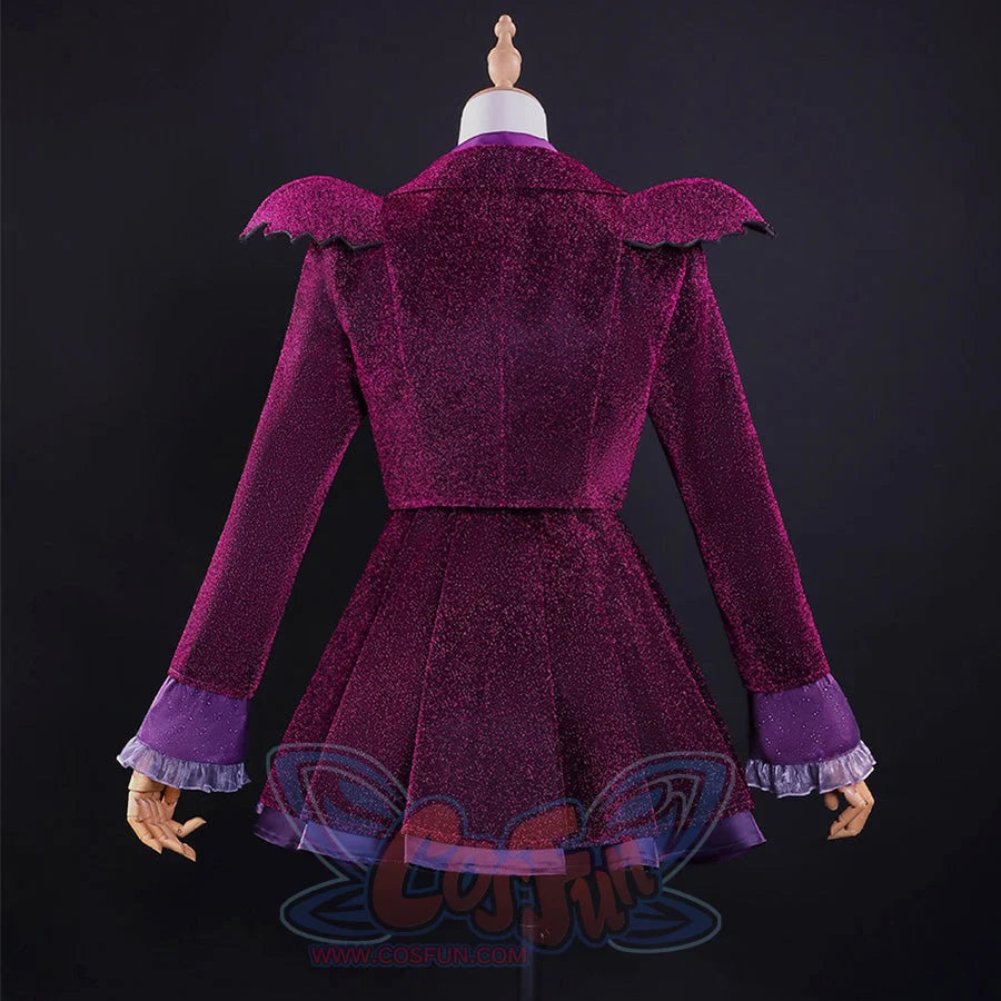 Back view of Vampire Vee Cosplay Costume displaying bat-wing collar, glitter blazer construction, and pleated skirt hem
