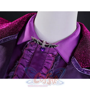 Detail of Vampire Vee Cosplay Costume silver bat  lapel pin with purple gem, ruffled shirt collar, and glitter fabric texture