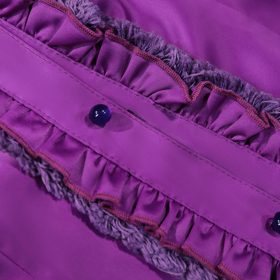 Vampire Vee Cosplay Costume purple ruffled shirt close-up showing decorative button, ruffle trim, and fabric texture details