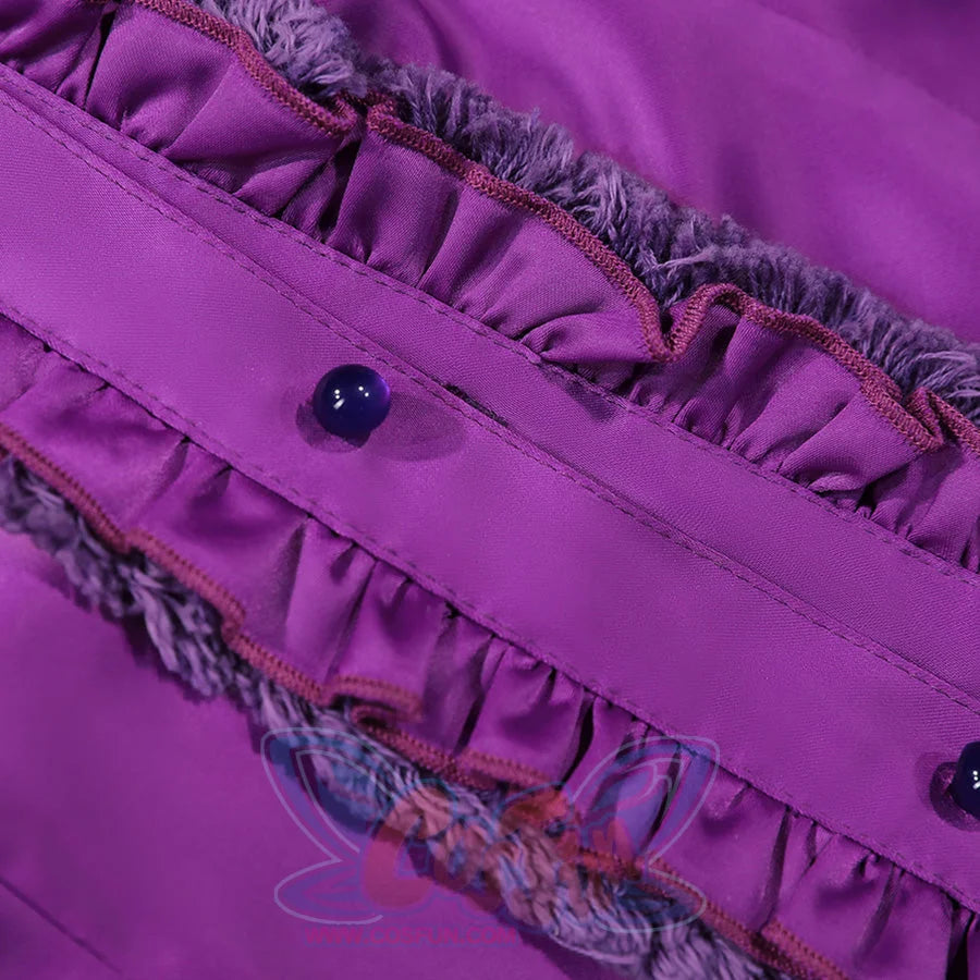 Vampire Vee Cosplay Costume purple ruffled shirt close-up showing decorative button, ruffle trim, and fabric texture details