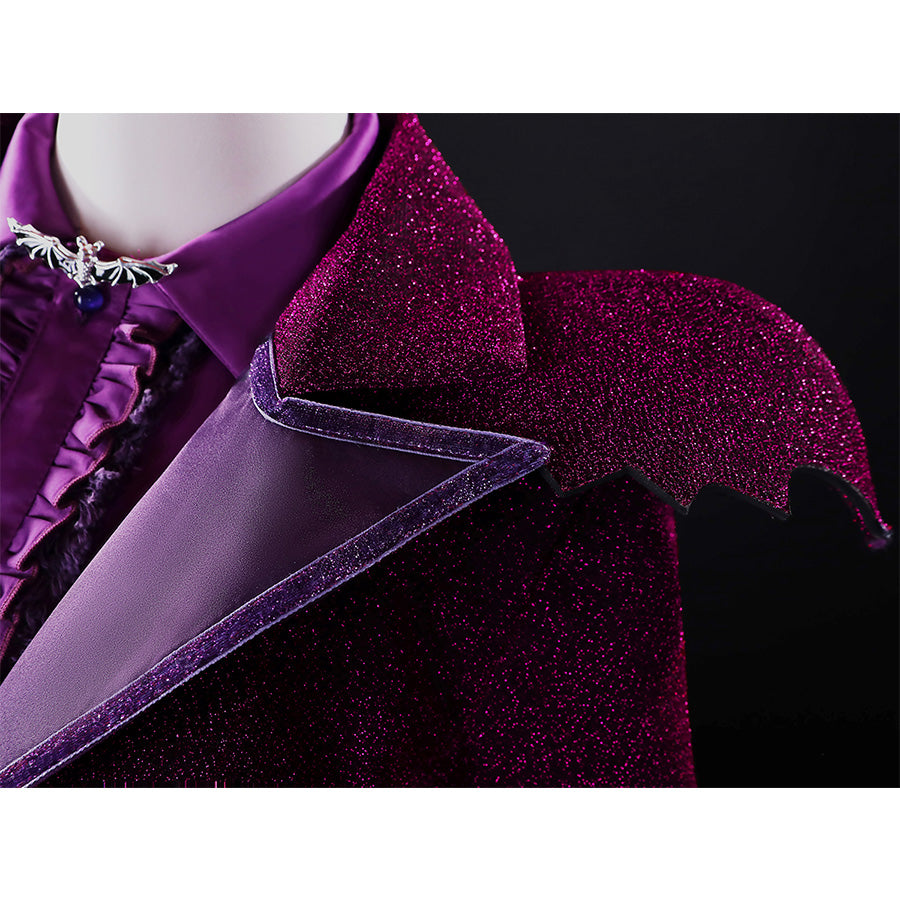 Close-up of Vampire Vee Cosplay Costume shoulder detail showing purple ruffled shirt, silver  lapel pin, and bat-wing collar with glitter texture