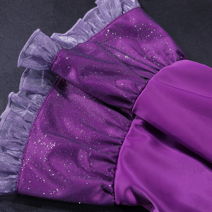 Vampire Vee Cosplay Costume sleeve detail featuring purple glitter fabric with layered ruffled cuff trim