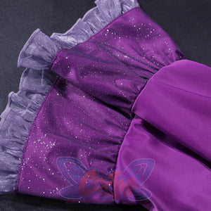 Vampire Vee Cosplay Costume sleeve detail featuring purple glitter fabric with layered ruffled cuff trim