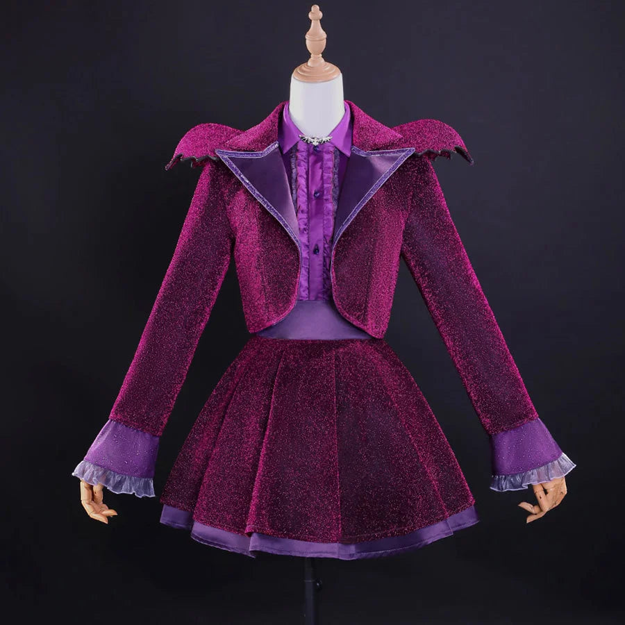 Complete Vampire Vee Cosplay Costume featuring purple glitter blazer with bat-wing collar, ruffled shirt, and pleated skirt