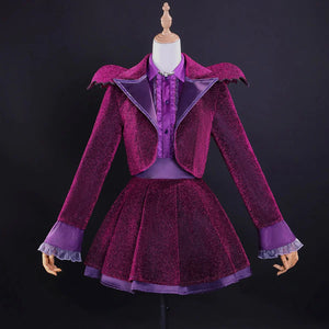 Complete Vampire Vee Cosplay Costume featuring purple glitter blazer with bat-wing collar, ruffled shirt, and pleated skirt