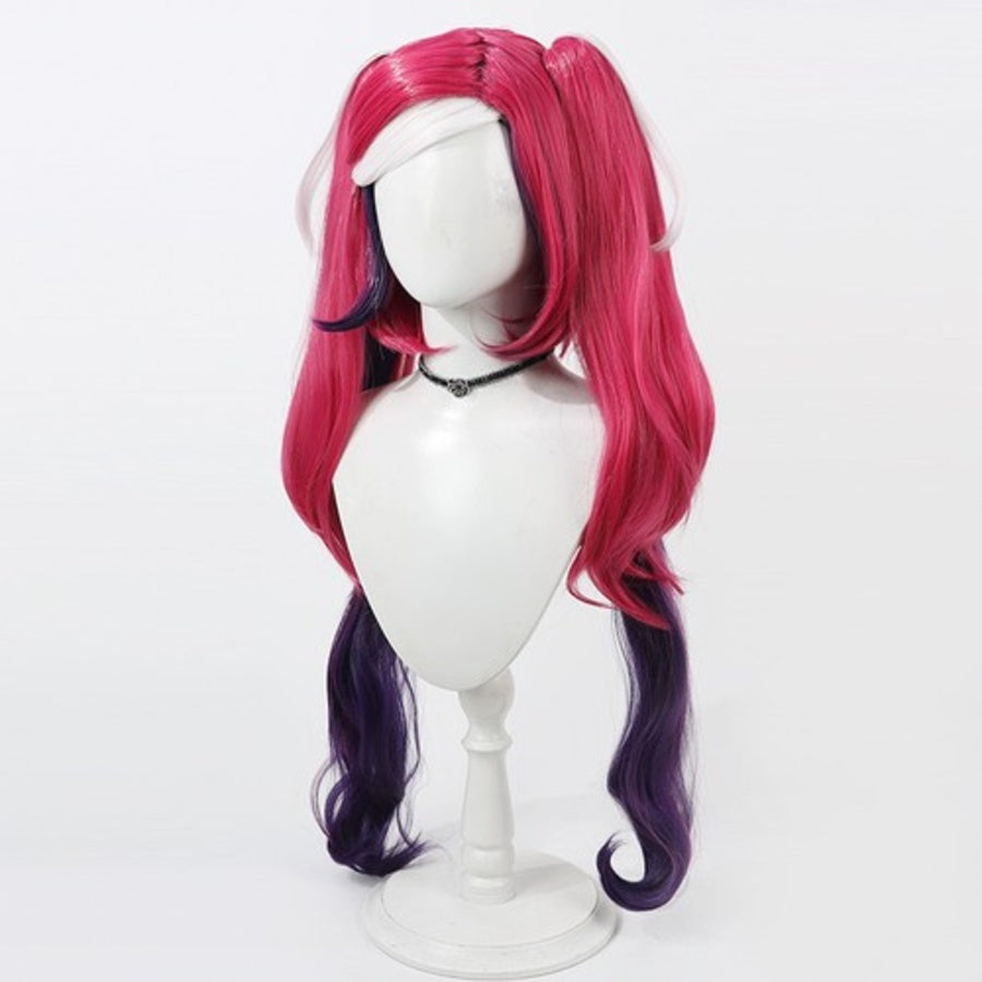 Hazbin Hotel Velvette cosplay wig, long pink and purple black highlighted hair with twin tails