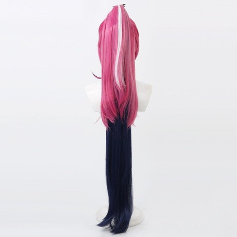 Hazbin Hotel Velvette cosplay wig back view, long pink and dark purple black highlighted hair