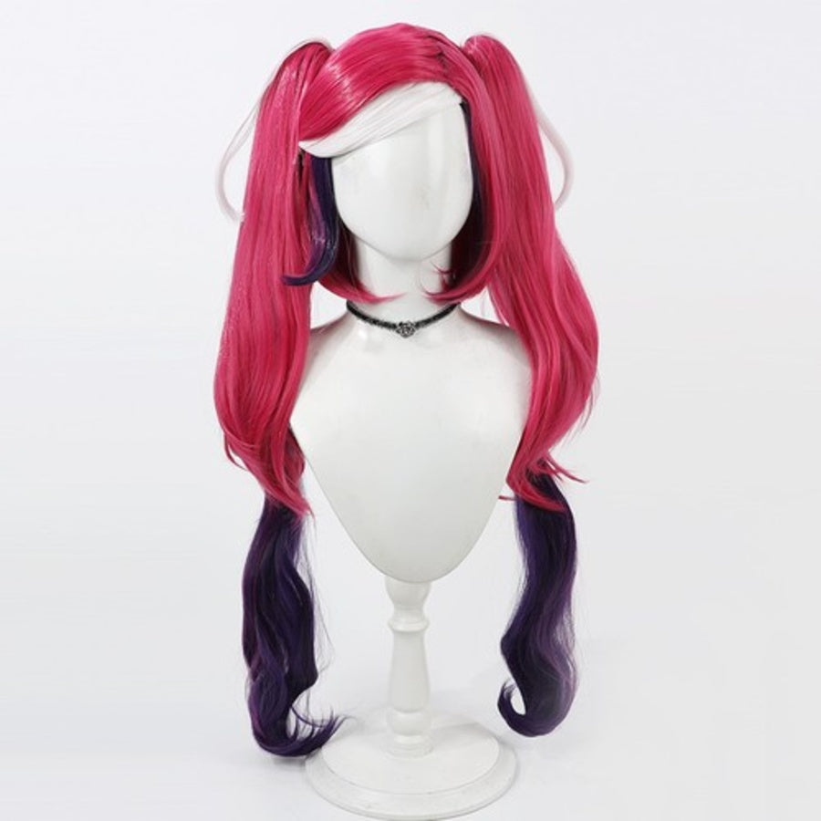 Hazbin Hotel Velvette cosplay wig, long purple and black highlighted twin tails, front view
