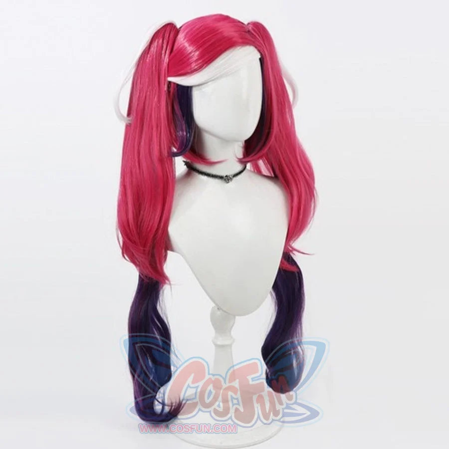 Hazbin Hotel Velvette cosplay wig, long pink and purple black highlighted twin tails, side view