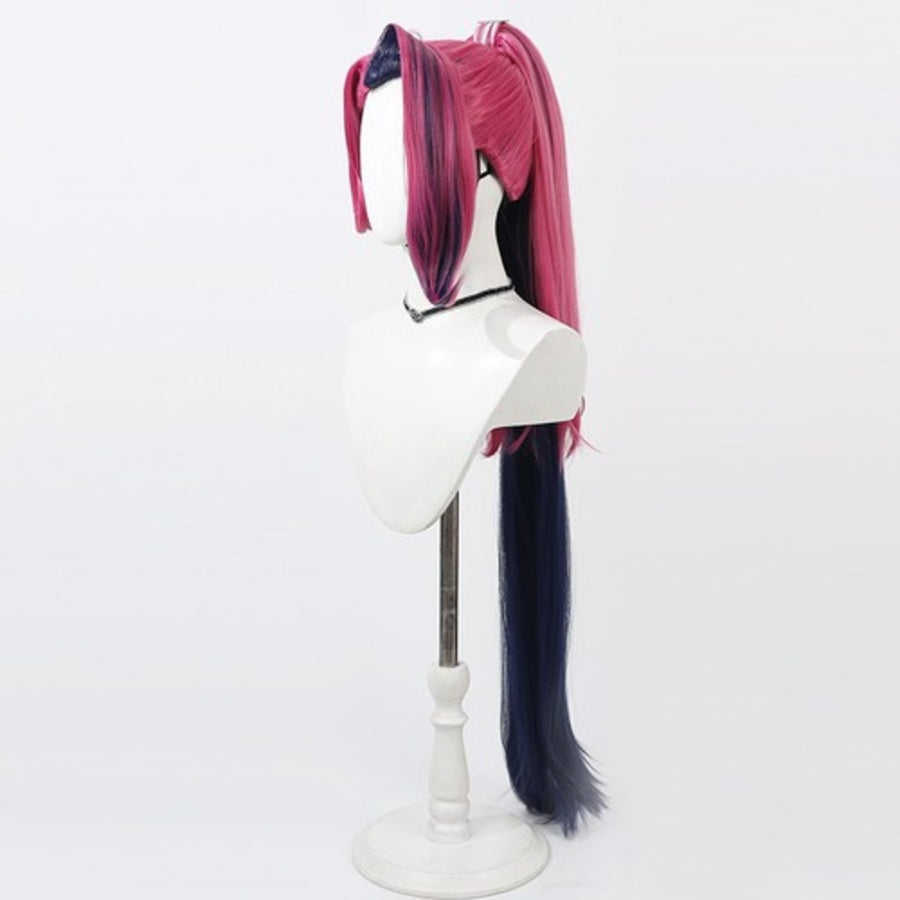 Hazbin Hotel Velvette cosplay wig, long dark navy and pink highlighted, side back view on mannequin
