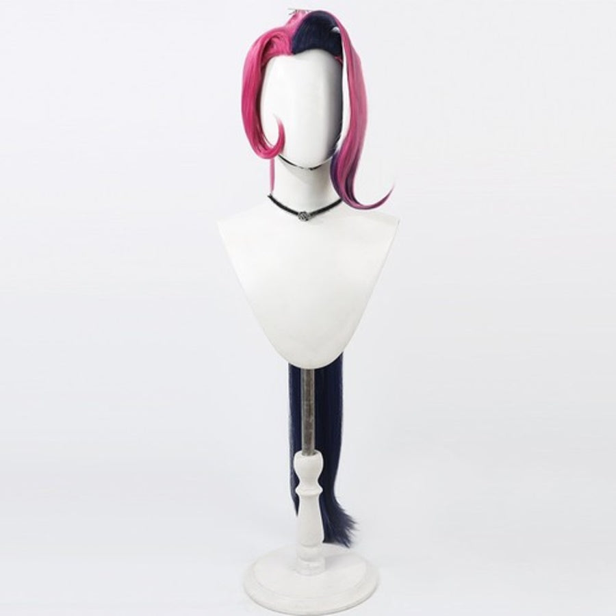 Hazbin Hotel Velvette cosplay wig front view, pink and dark purple black highlighted long hair