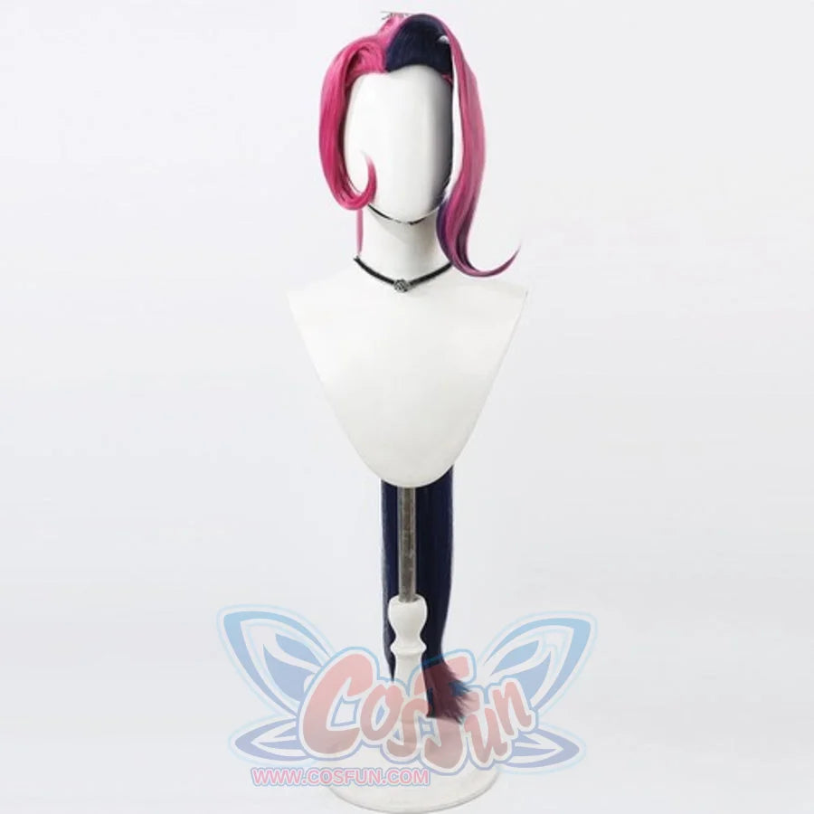 Hazbin Hotel Velvette cosplay wig front view, pink and dark purple black highlighted long hair