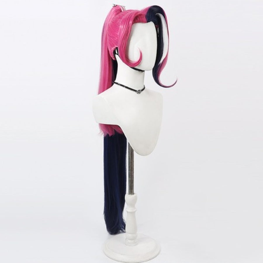 Hazbin Hotel Velvette cosplay wig, pink and dark purple black highlighted, side view on mannequin