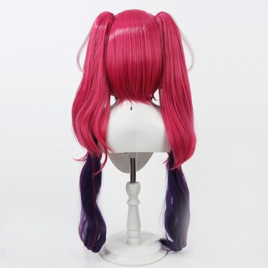 Hazbin Hotel Velvette cosplay wig back view, long pink and dark purple highlighted twin tails