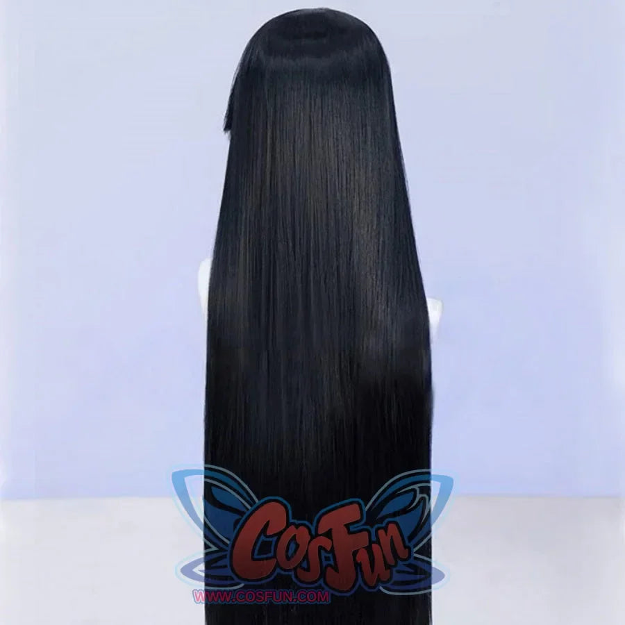 Back view of Psylocke Vengeance cosplay wig. Shows long straight black hair, smooth and flowing, perfect for the skin’s iconic look