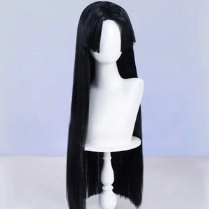 Long straight black cosplay wig for Psylocke Vengeance. Neat front bangs, sleek texture, capturing the skin’s solemn style