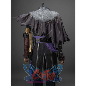 Back view of Verso’s cosplay costume, showcasing the tunic’s back design, fur - lined collar, and sash details.