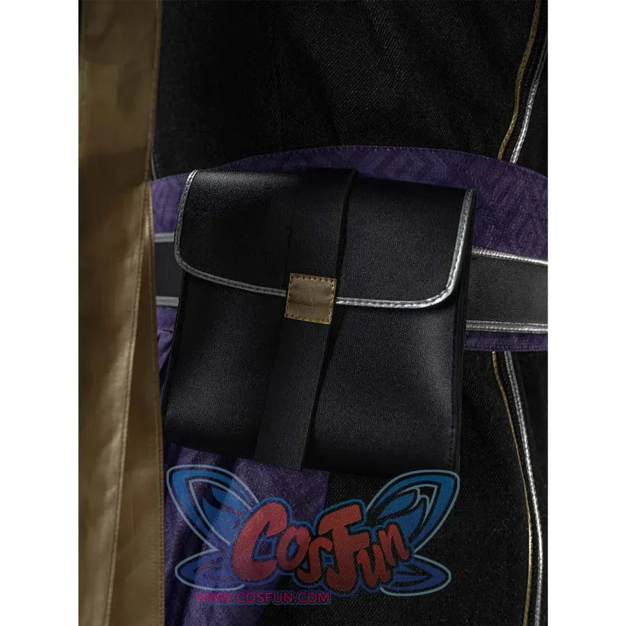 Close - up of a black pouch with a brown strap, attached to Verso’s cosplay tunic.
