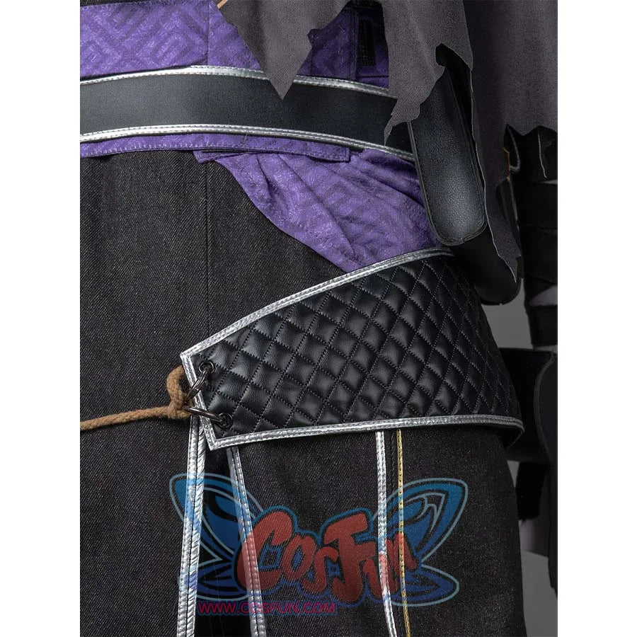 Close - up of the quilted black belt and purple sash on Verso’s cosplay outfit.