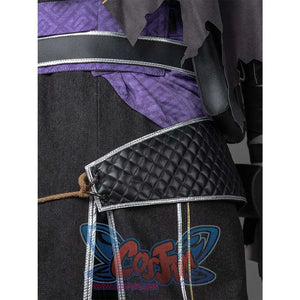 Close - up of the quilted black belt and purple sash on Verso’s cosplay outfit.