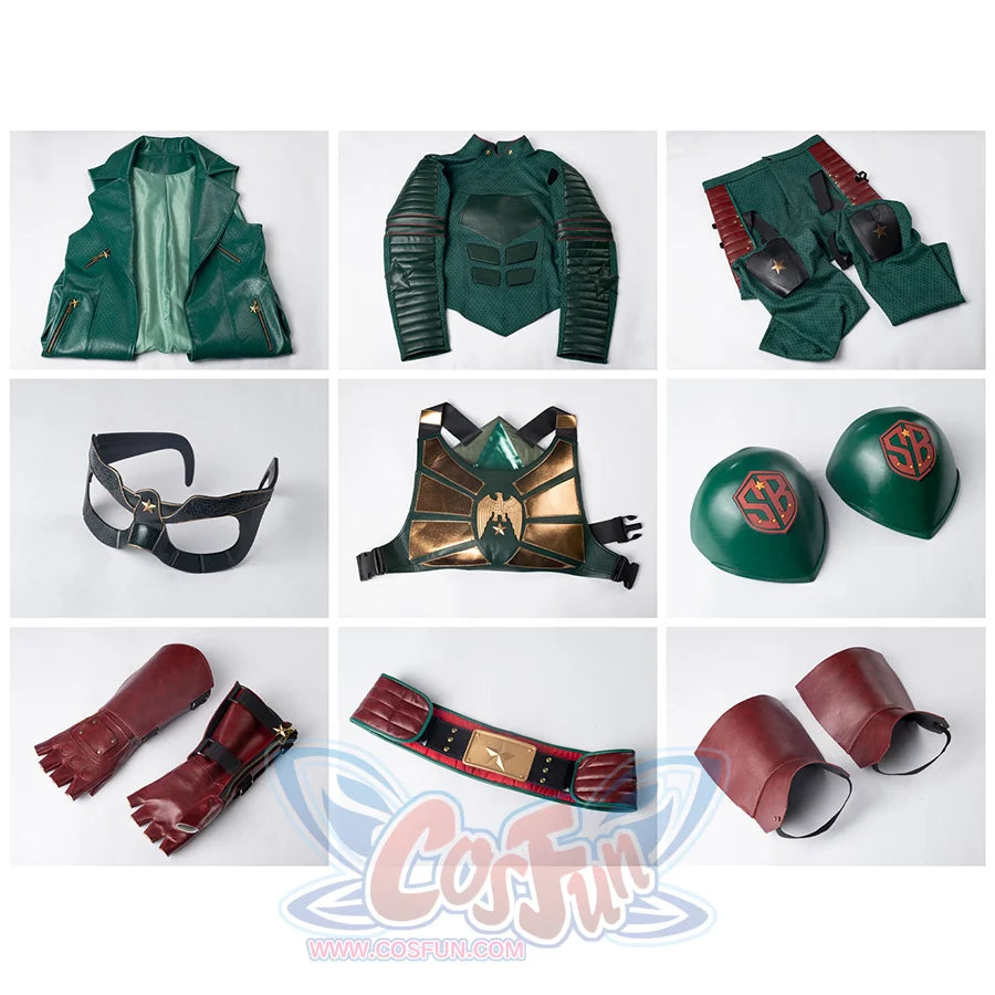 Vought_Rising_Soldier_Boy_Benjamin_Cosplay_Costume_All_Set, includes Coat, undershirt, chestplate, pants, pauldrons, belt, gloves, boot covers, eye mask.