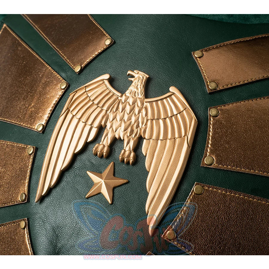 A metallic chestplate in a bronze-gold hue, emblazoned with a spread-winged eagle.