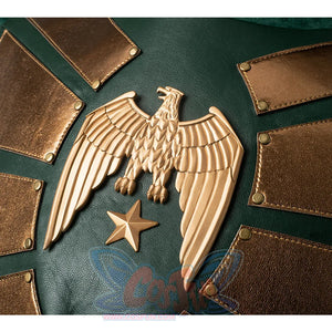 A metallic chestplate in a bronze-gold hue, emblazoned with a spread-winged eagle.