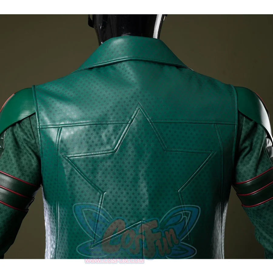 A long dark green PU leather trench coat with subtle star-patterned textures.