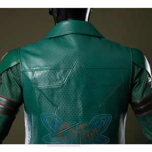 A long dark green PU leather trench coat with subtle star-patterned textures.