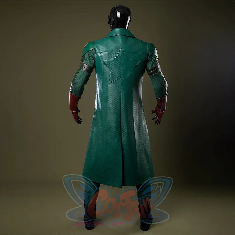 Soldier Boy Benjamin Cosplay Costume Back View, a long dark green PU leather trench coat with a firm texture and knee-length design.