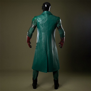 Soldier Boy Benjamin Cosplay Costume Back View, a long dark green PU leather trench coat with a firm texture and knee-length design.