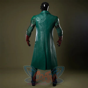 Soldier Boy Benjamin Cosplay Costume Back View, a long dark green PU leather trench coat with a firm texture and knee-length design.