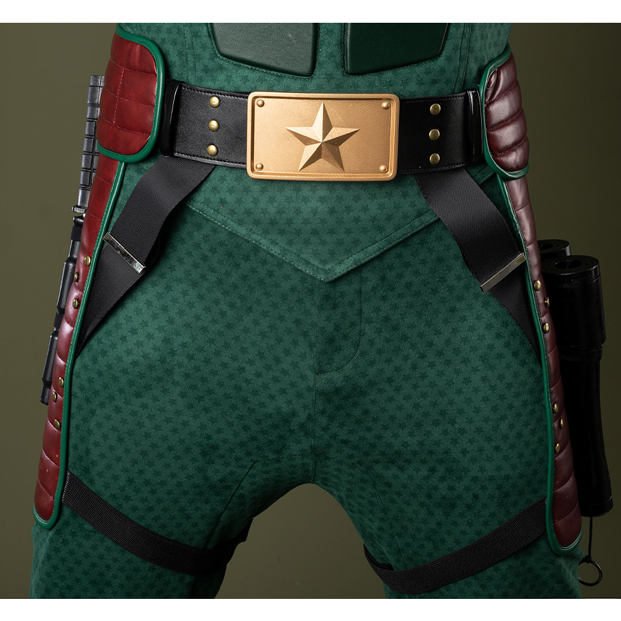 Golden belt with a central pentagram buckle that echoes the chest emblem.