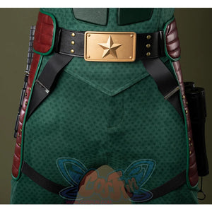 Golden belt with a central pentagram buckle that echoes the chest emblem.