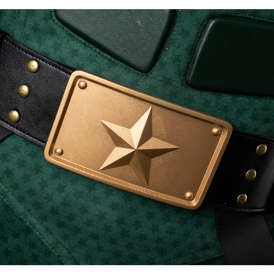 Golden belt with a central pentagram buckle that echoes the chest emblem.