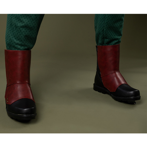 Reddish-brown shoe covers with tall shafts, matching the color of the gloves.