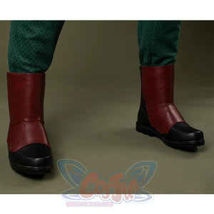 Reddish-brown shoe covers with tall shafts, matching the color of the gloves.