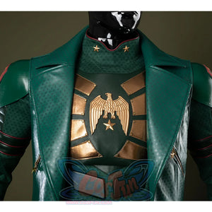 A metallic chestplate in a bronze-gold hue, emblazoned with a spread-winged eagle and a star-shaped emblem.