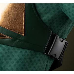 The sides of the green chest armor are secured with black buckles.